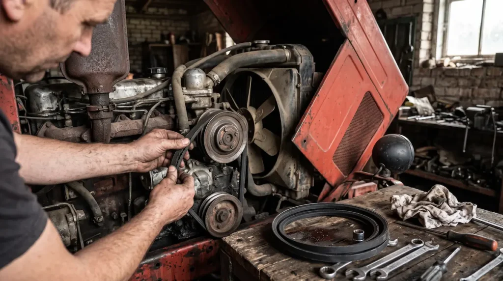 Traktor ékszíj csere MTZ traktor karbantartásakor
