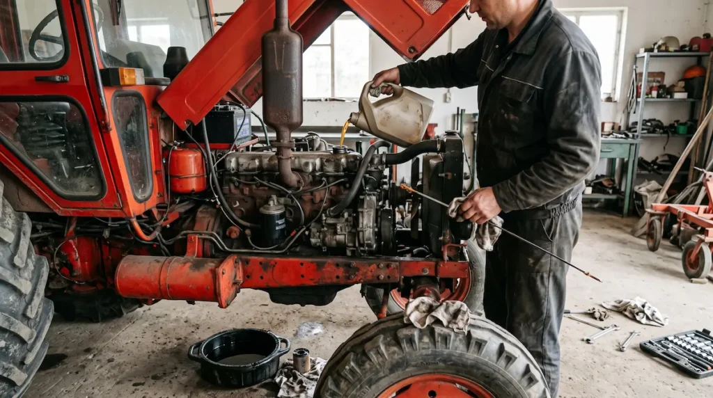 Traktor motorolaj csere MTZ traktor karbantartásakor